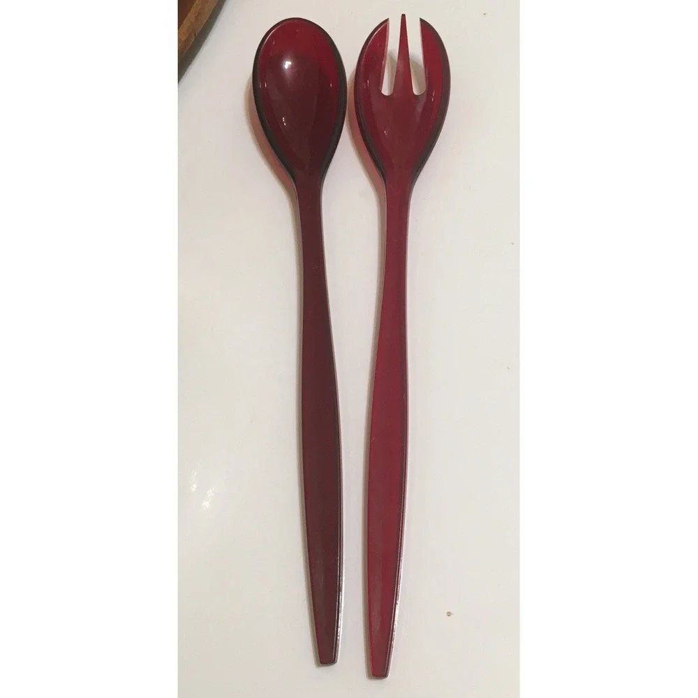MCM Clear Red Amber Salad Serving Spoon and Fork Acrylic.